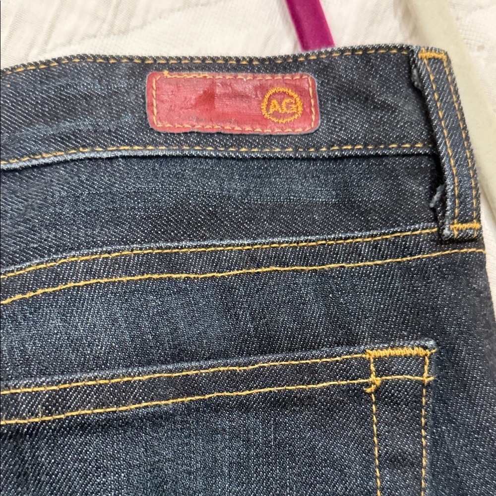 Ag Adriano Goldschmied Blue Jeans with Gold Stitching and Leather Patch